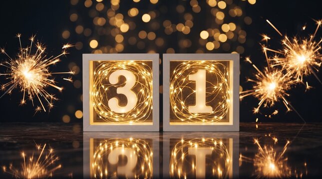 Illuminated number thirty one inside glowing light boxes surrounded by festive sparklers and golden bokeh lights on a dark background for new years eve celebration