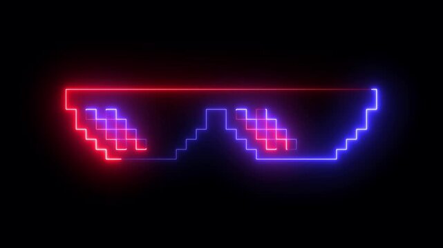 glowing neon Pixel sunglasses icon isolated on black background. Pixel glasses meme, Retro pixel shades, Cool glasses, 8-bit meme accessory, sunglasses meme, pixel art. 4k video animation.