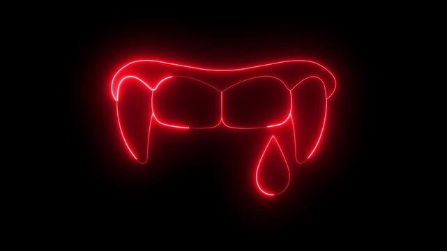 glowing neon vampire fangs with blood drop icon isolated on black background. Halloween Vampire Mouth With Sharp Fang. Halloween graphic element. 4k video animation.