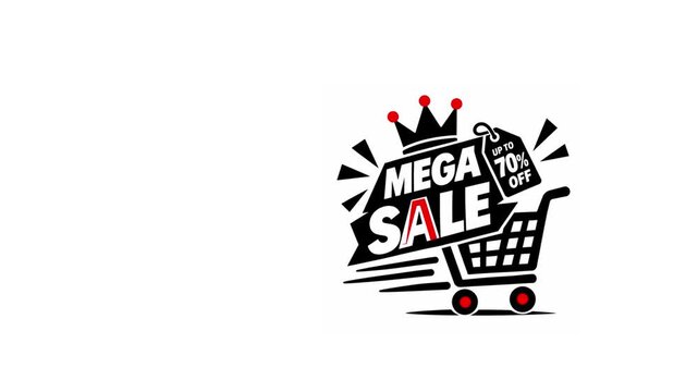Mega sale animation with shopping cart and 70 percent off discount tag for e-commerce marketing and retail promotion.