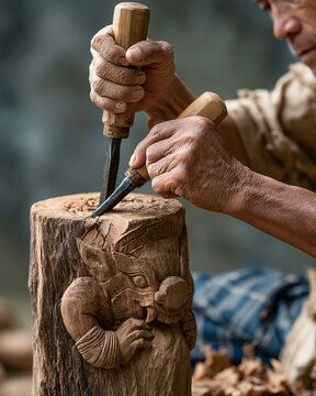 Artisanal Wood Carving An artisan's skilled hands meticulously carve intricate details into a wooden sculpture, showcasing traditional craftsmanship and dedication.