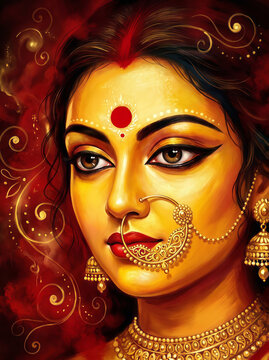 Navratri Traditional Indian Woman Portrait with Jewelry Painted Illustration