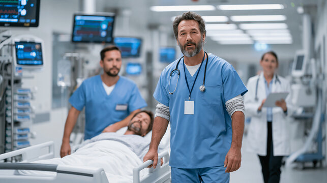 Medical Emergency Team A dedicated medical team transports a patient on a stretcher through a busy hospital corridor, their faces etched with focus and determination as they navigate critical care.
