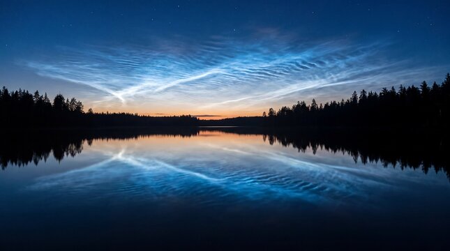 Glowing Electric Blue Noctilucent Clouds Over Calm Lake