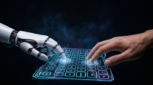 Robotic arm and human hand typing together on glowing futuristic holographic keyboard with vibrant blue neon lights