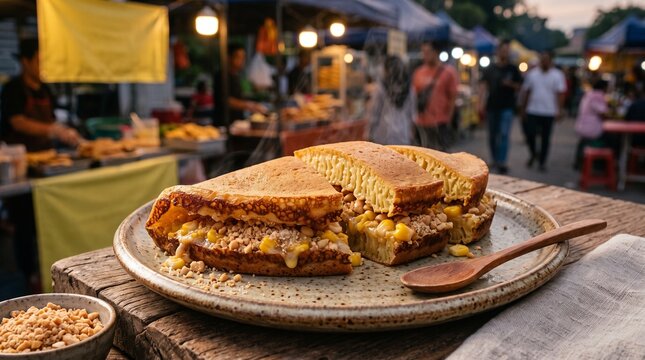 Apam balik pancake served on rustic plate at a outdoor night market street stall
