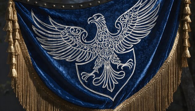 Regal medieval banner featuring double-headed eagle emblem on dark