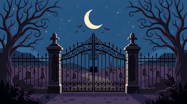 Spooky iron cemetery gates under a crescent moon with bare trees in a dark night