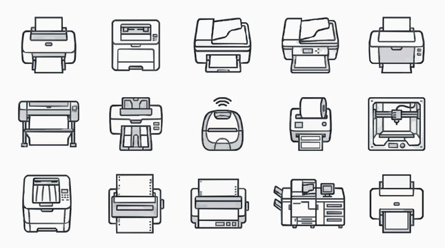 Collection of diverse printer types and office equipment icons for digital design
