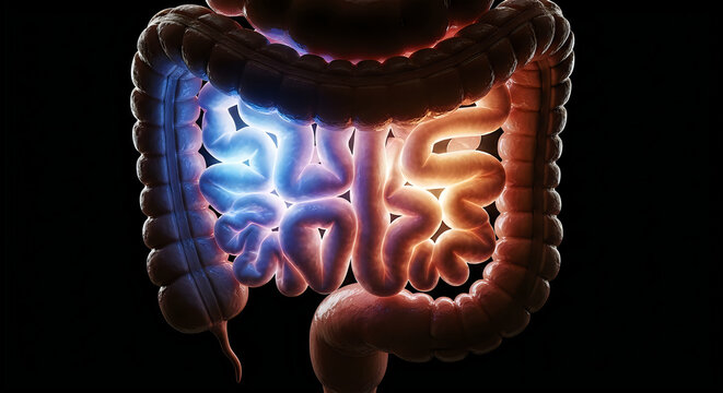 Illustration of the human digestive system highlighting gut bacteria and intestines.