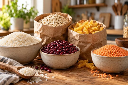 pantry staples fill bowls on a wooden kitchen table