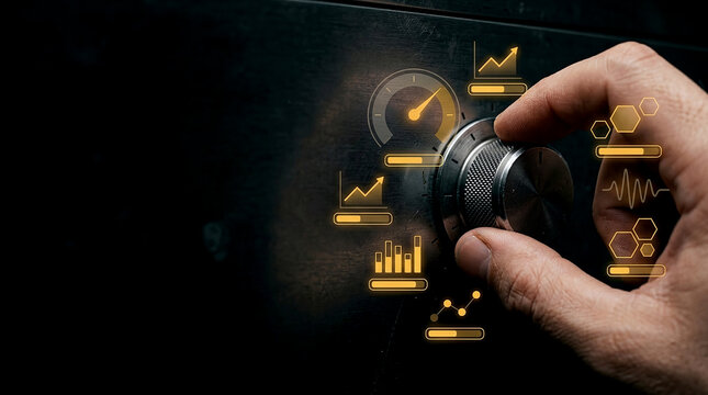Close-up photo of hand adjusting industrial control knob in dark workspace representing digital Data analyst concept with glowing performance metrics