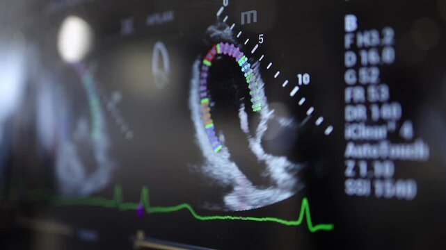 Echocardiographic image of the heart displayed on a modern ultrasound diagnostic monitor.