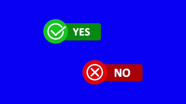 Yes and no buttons animation with checkmark and cross on chroma key green screen background