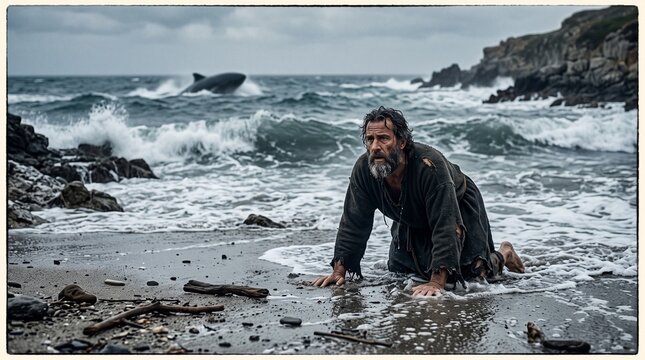 Exhausted Prophet Jonah Crawling Ashore from Rough Seas as Giant Whale Dives in Background