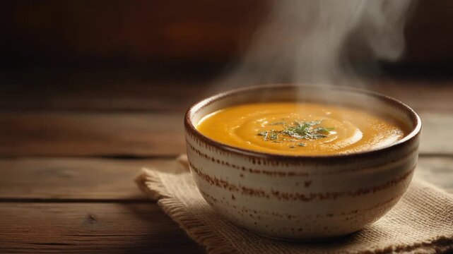 Gentle Steam Rising From Creamy Pumpkin Soup in a Rustic Bowl, Fixed Close-Up Food Photography, Warm Cinematic Full HD Stock Video