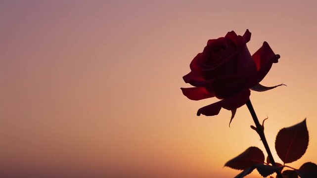 Beautiful Rose Silhouette Standing Against Warm Golden Sunset Background with Soft Rim Light, Cinematic Flower Motion Graphic