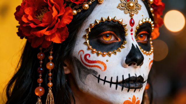 Entour&Atilde;&copy;e d&acirc;&euro;&trade;autels et de fleurs de cempas&Atilde;&ordm;chil, une femme maquill&Atilde;&copy;e c&Atilde;&copy;l&Atilde;&uml;bre la d&Atilde;&copy;esse de la mort, incarnant l&acirc;&euro;&trade;&Atilde;&cent;me du D&Atilde;&shy;a de Muertos., halloween holiday festive image design