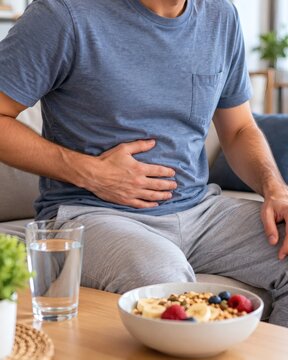 Man with Abdominal Discomfort After Healthy Breakfast at Home