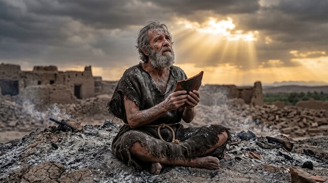 Righteous Patriarch Job Sitting in Ashes with Potsherd Praying Faithfully Toward Heaven