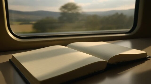 Open Blank Notebook Journal on Train Table with Scenic Moving Window View, Cinematic Travel Concept Full HD Loop