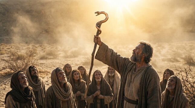 Prophet Moses holding up the bronze serpent on wooden pole in desert for miraculous healing of afflicted Israelites, biblical scene