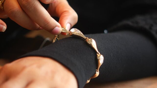 Close up of person fastening a gold and diamond bracelet on arm, cinematic footage.