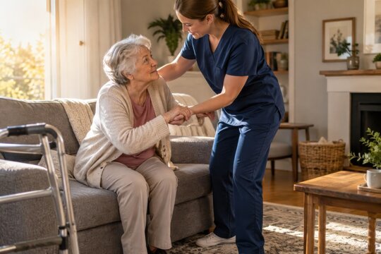 Two people, a caregiver helping an older woman stand safely from a sofa using proper body mechanics, senior care and healthy aging concept
