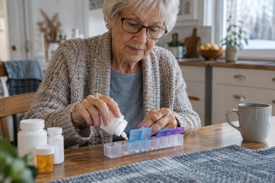 Close-up of an older adult filling a weekly pill organizer using unlabeled generic containers, senior care and healthy aging concept