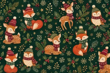 Fototapeta premium Festive woodland animals Christmas pattern with foxes, deer, owls