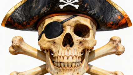 Fototapeta premium Closeup view of skull wearing pirate captain cap with crossing bone. The decoration element for Halloween., halloween holiday festive image design