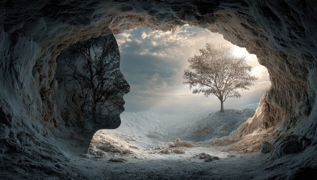 A profile view of a person's head in a cave, looking out at a landscape