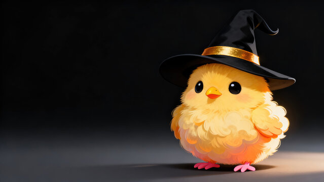 adorable little cute baby chicken halloween witch in black hat isolated over dark background; copy space; widescreen backdrop, halloween holiday festive image design