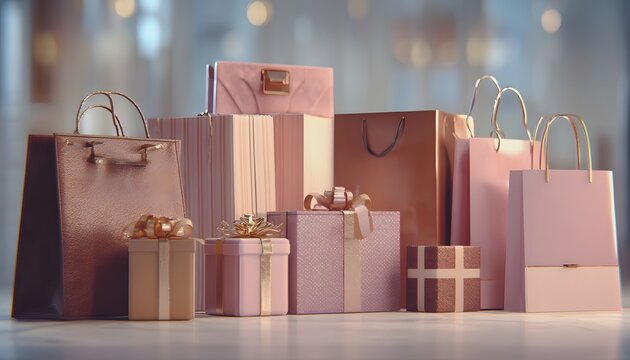 Pink and gold gift boxes and shopping bags arranged on tabletop