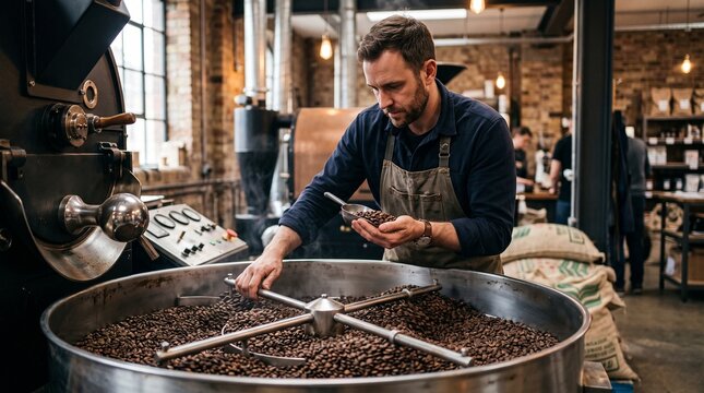 Professional coffee roaster inspecting freshly roasted beans in a specialty coffee facility.