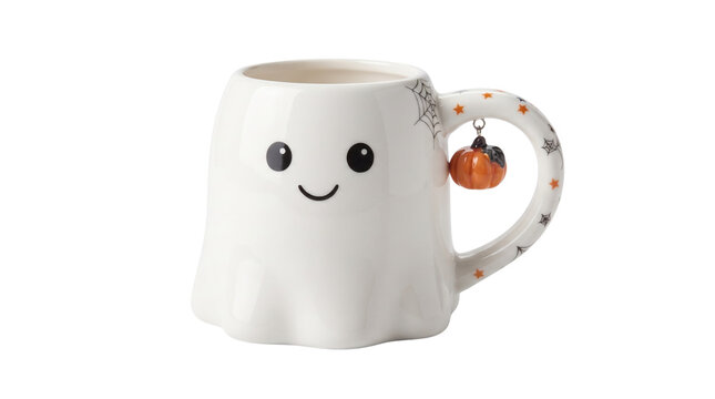 White ceramic Halloween ghost mug with cute face and pumpkin charm