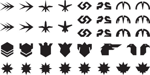 Fototapeta premium Set of abstract geometric shapes arrows and animal heads for logos and graphic applications.