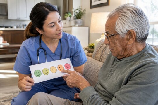 Two people, a nurse checking pain comfort with an older adult using a picture scale without text, senior care and healthy aging concept