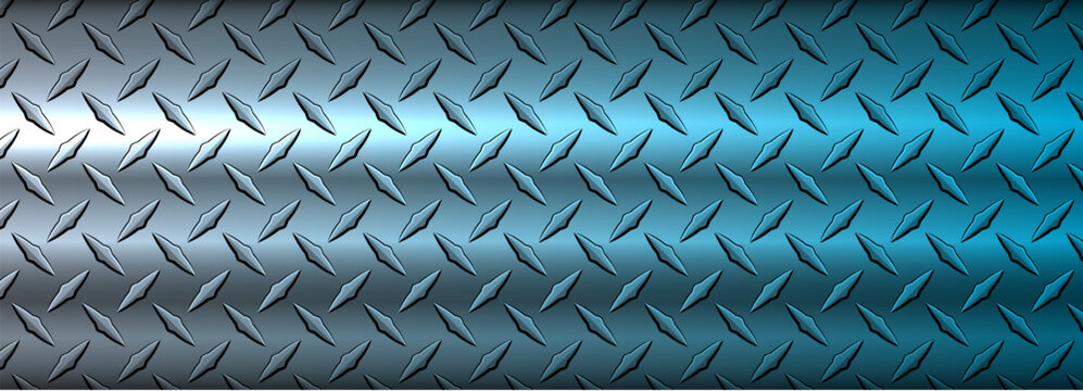 Silver blue metal banner with diamond plate pattern, shiny metallic texture industrial background.