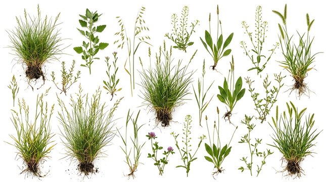 Set of various green wild herbs and garden weeds with roots isolated on white background for ecological studies