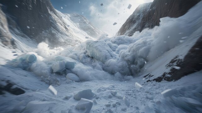 A rapid avalanche in a mountain canyon, where a huge wall of snow and flying ice fragments fills the entire space between the rocks.