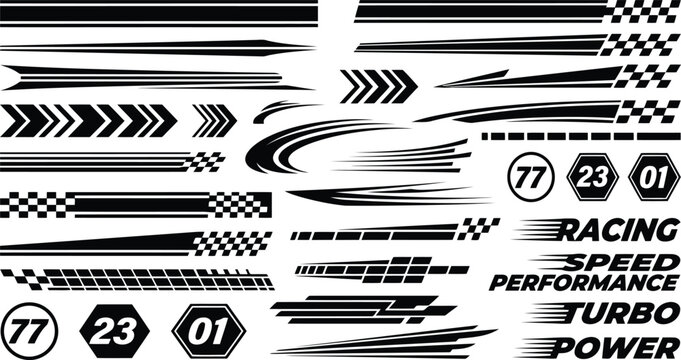 Set of black racing car decals and speed stripes with checkered flags and numbers
