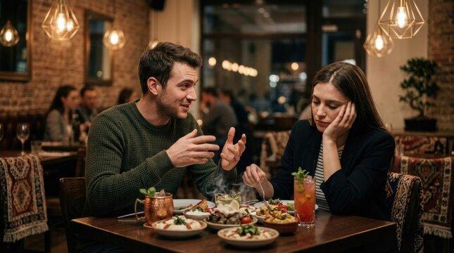 Dinner date encounter: ego monologue, boring conversation, talkative man, bored woman, restaurant table, gourmet dish, cocktail drink, evening relation, meal meeting.