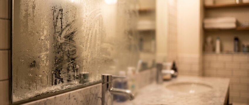 Fogged mirror with water spots captured at eye level with fine mist with mineral spots along the edge, a real life close up of a fogged bathroom mirror representing    a steamy bathroom after a shower