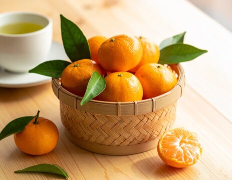 Basket of Japanese mikan mandarins with green tea on a winter afternoon