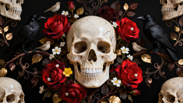 Seamless pattern with skulls, red roses, and black crows., halloween holiday festive image design