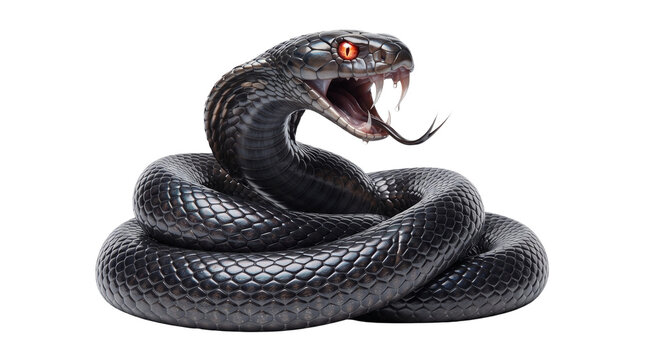 Fierce black snake striking with red glowing eyes open mouth