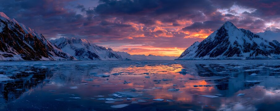Snow-covered mountains and icy sea at colorful sunset reflection