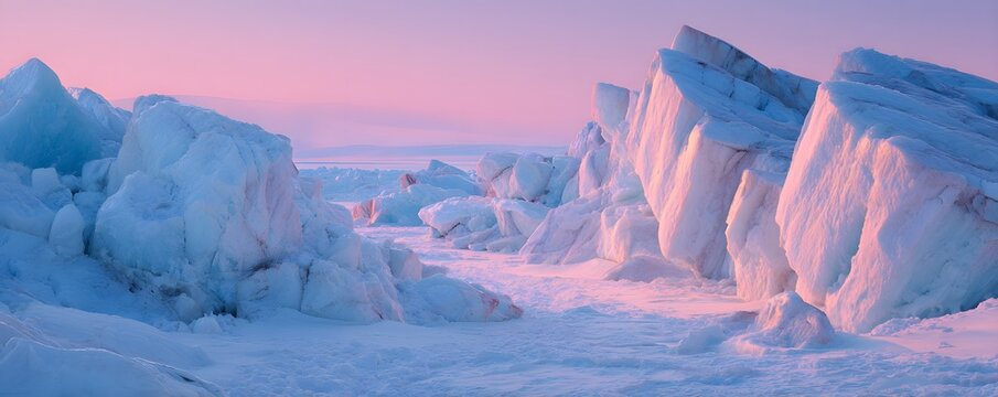 Glacial ice formations lit by pastel pink light, panoramic