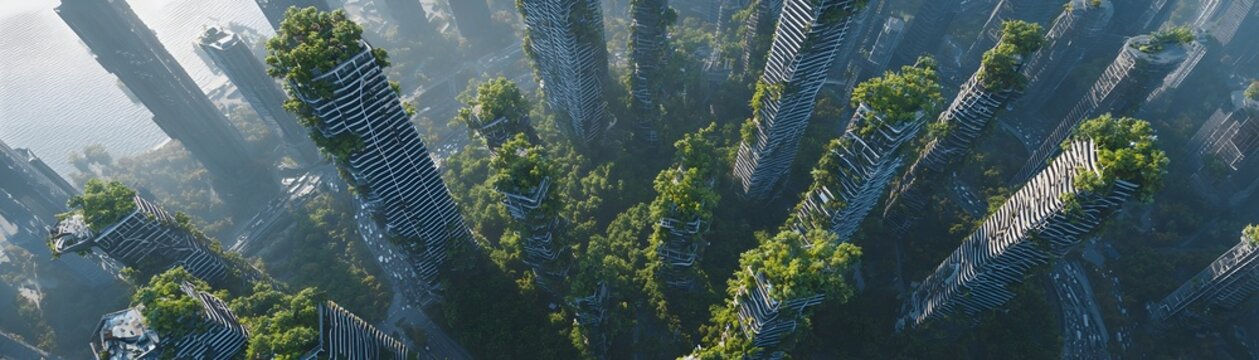 Aerial view of futuristic vertical forest skyscrapers and canopy